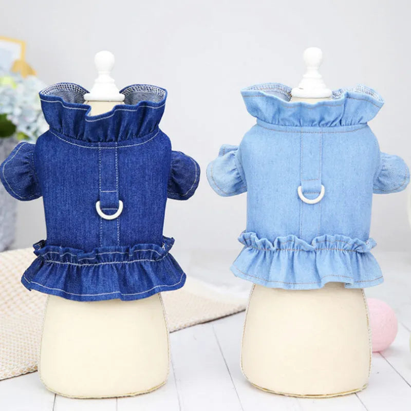Blue denim dog dress vest with ruffle trim and back leash hook for small dogs
