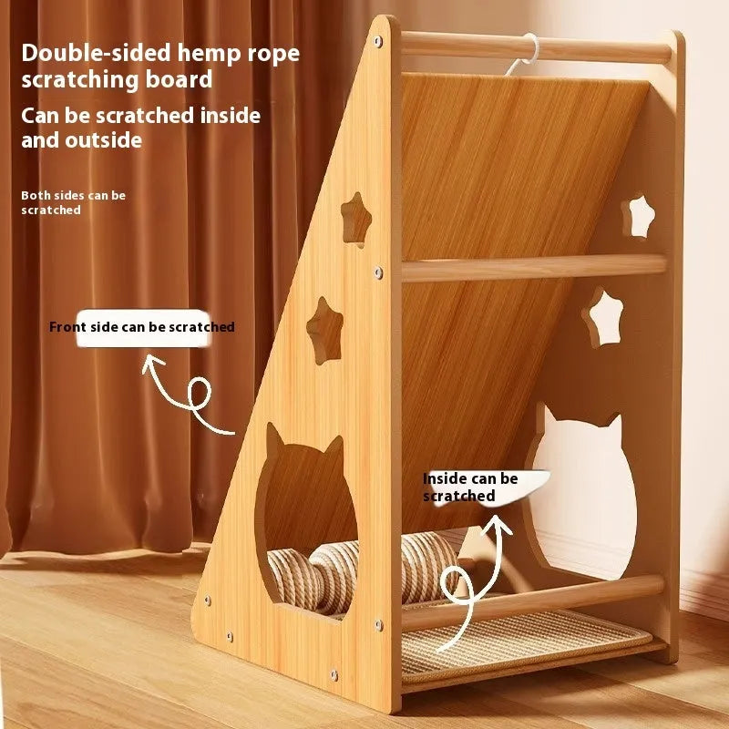 Vertical wall-mounted cat scratch board with sisal surface and attached cat teasing ball