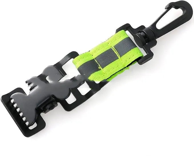Fluorescent green metal safety clip for securing work gloves on a belt.