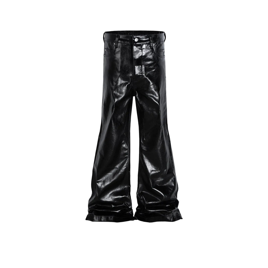 Black women's skinny jeans with a shiny patent leather coating on the denim fabric, shown in a straight-leg cut.