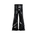 Black women's skinny jeans with a shiny patent leather coating on the denim fabric, shown in a straight-leg cut.