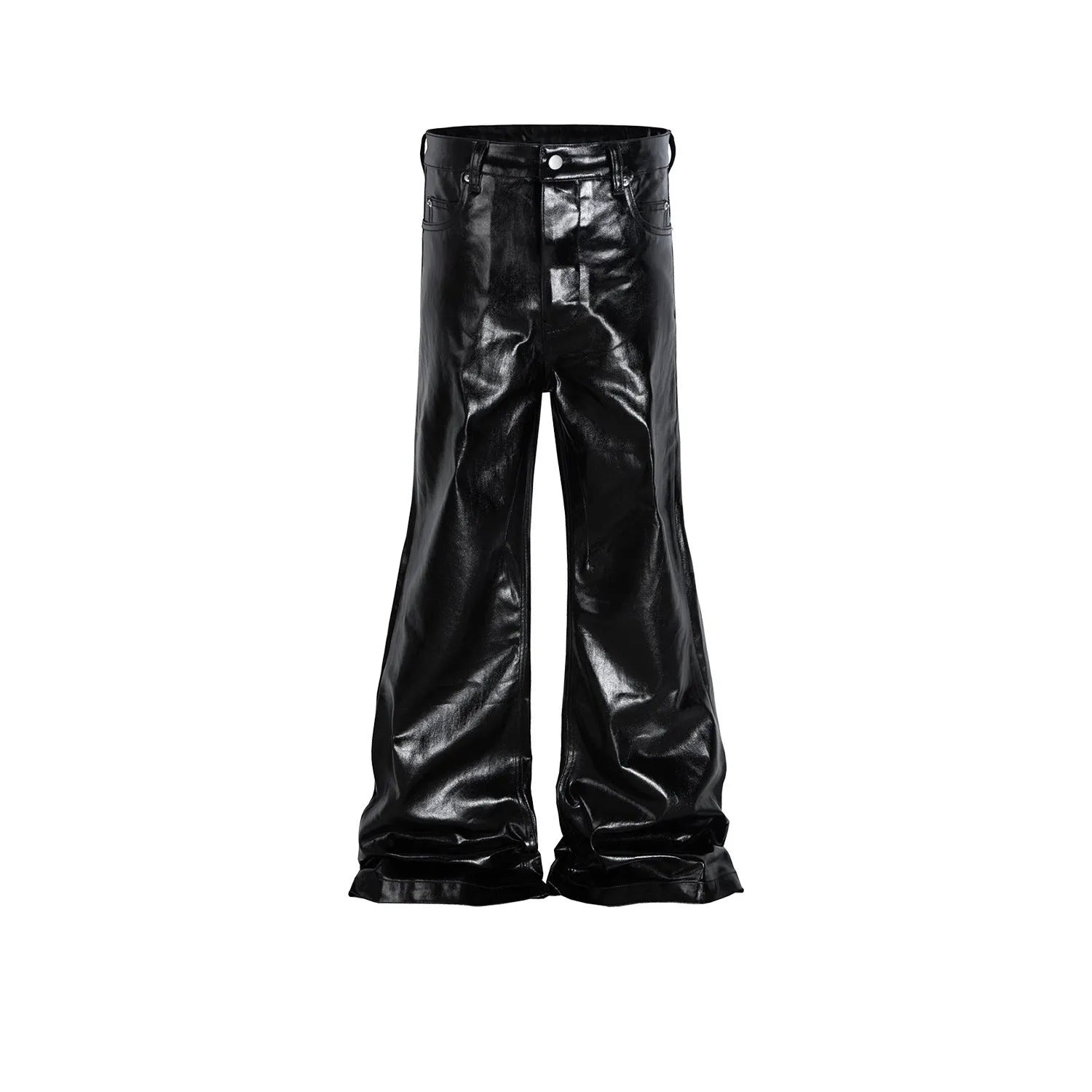 Black women's skinny jeans with a shiny patent leather coating on the denim fabric, shown in a straight-leg cut.