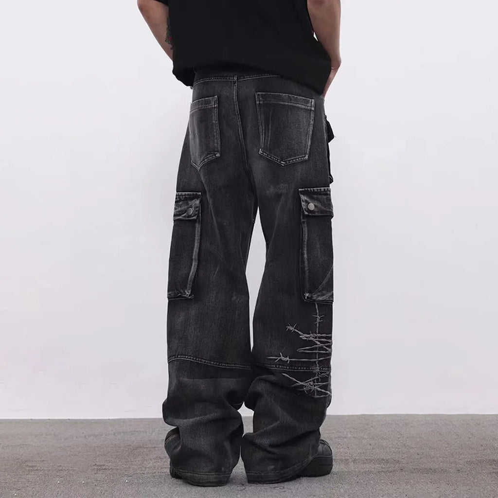 Men's black cotton loose-fitting wide-leg trousers with mid waist design