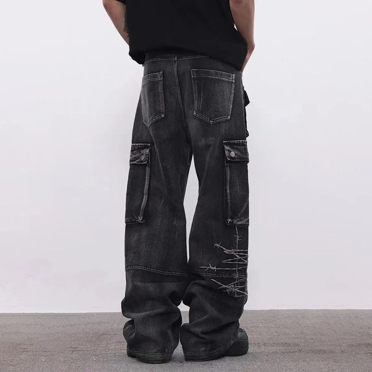 Men's black cotton loose-fitting wide-leg trousers with mid waist design