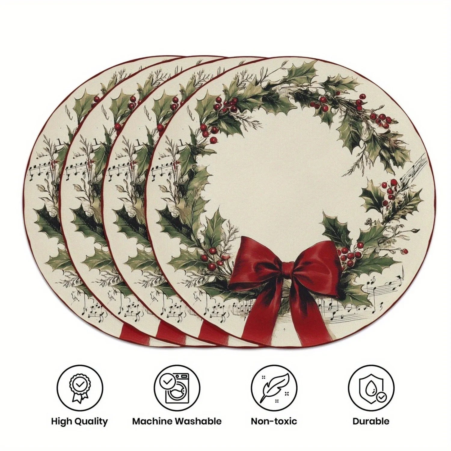 Round Christmas placemat with holly berries snowflake and bow design 38cm polyester American style