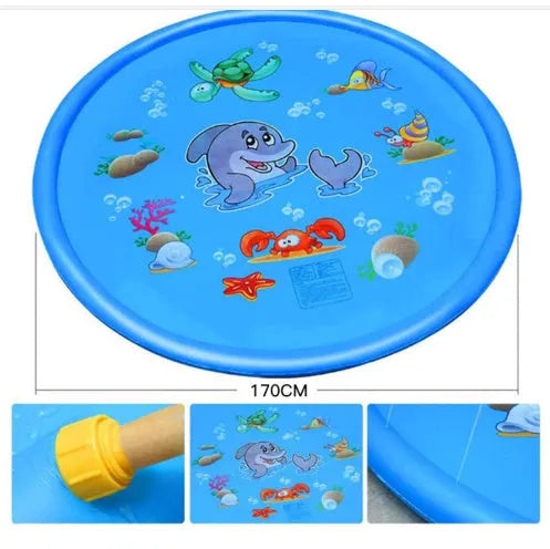 Blue children's water spray play mat with marine animal graphics on grass connected to a hose