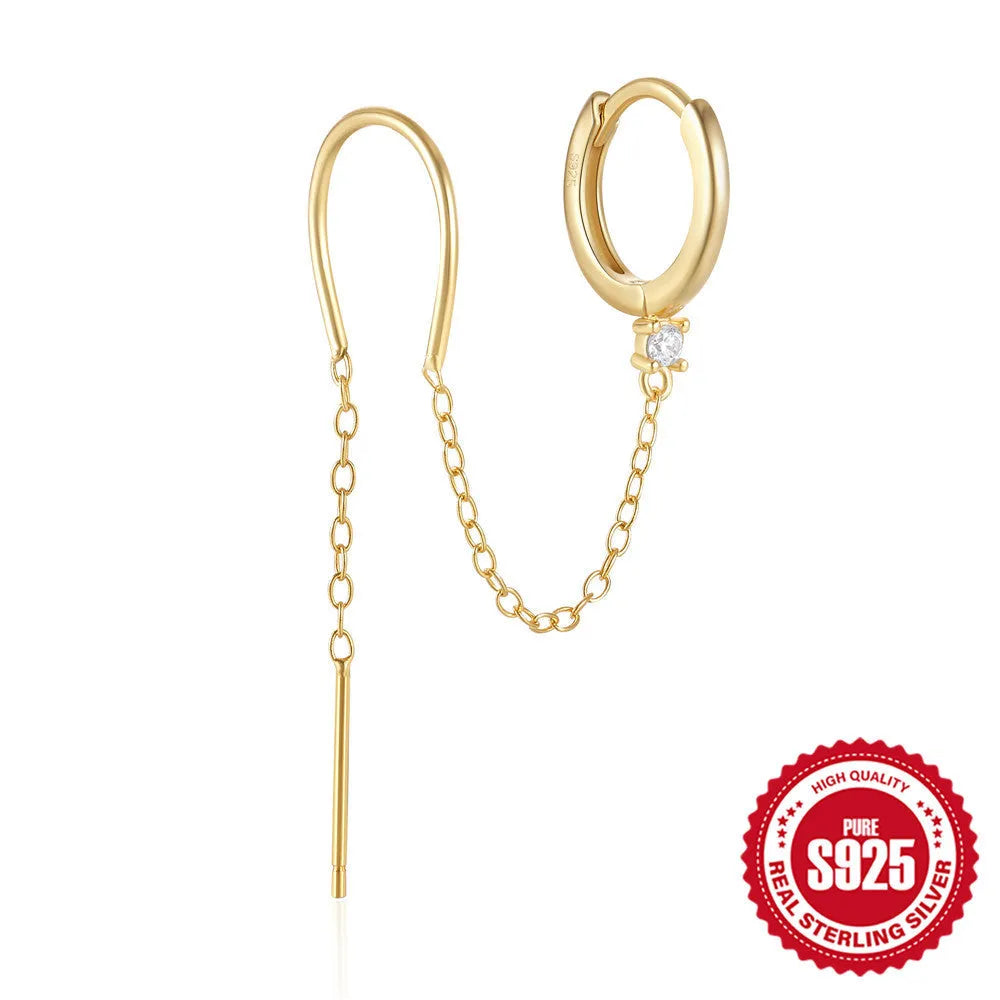 S925 sterling silver flower-shaped earring with a dangling chain tassel in a gold colour finish.