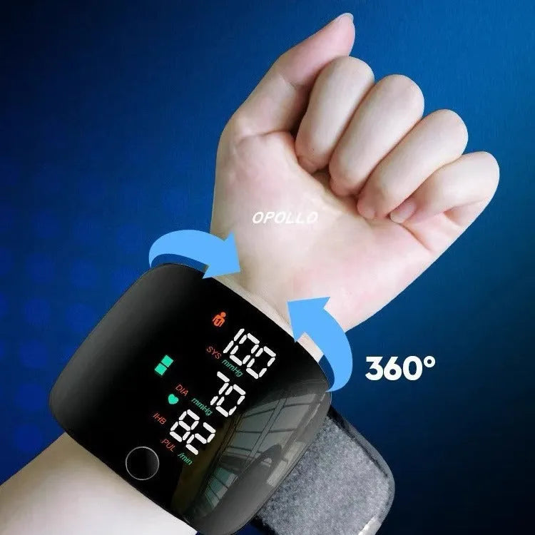 Black rechargeable wrist blood pressure monitor with digital display and cuff.