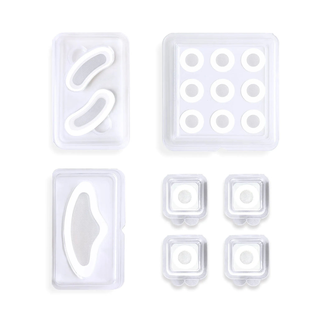 Transparent hydrocolloid microcrystalline acne patches showing single patch and nine-piece pack formats