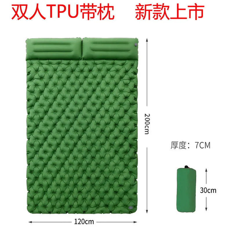 Double widened camping air mattress in army green colour with optional pillow attachment