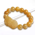 Carved Golden Thread Jade money bracelet showing Chinese coin charm and jade beads in two size options