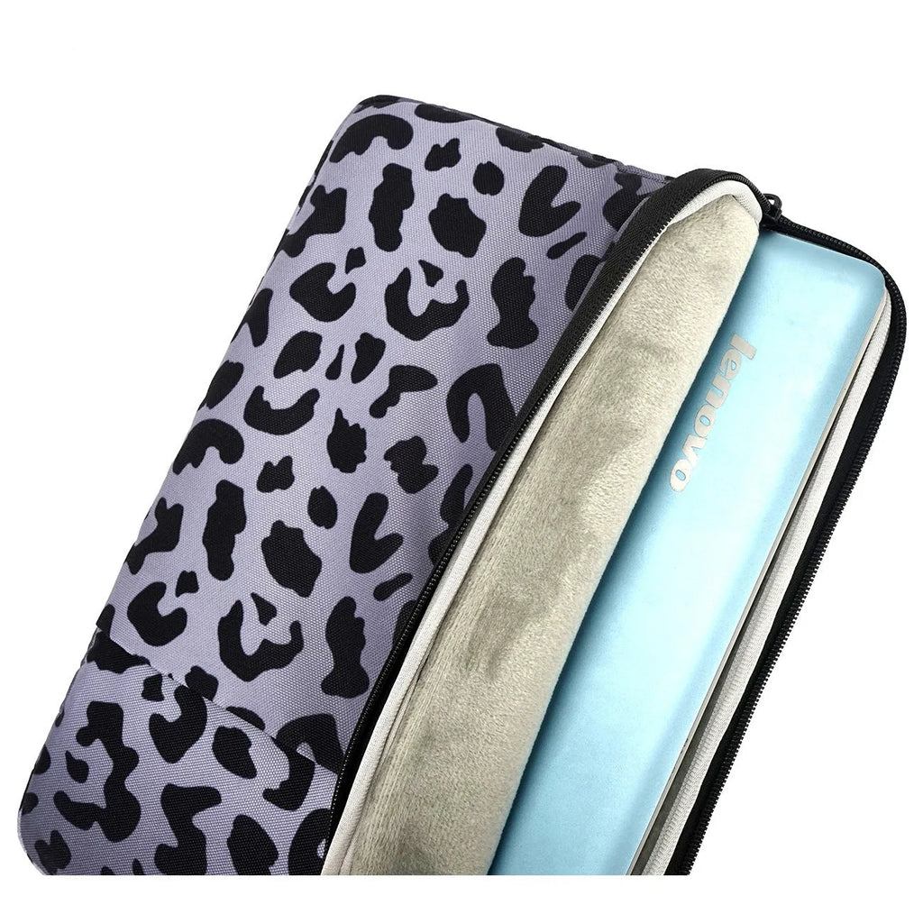 Leopard print laptop sleeve for 13-inch to 16-inch devices, showing anti-shock and waterproof features