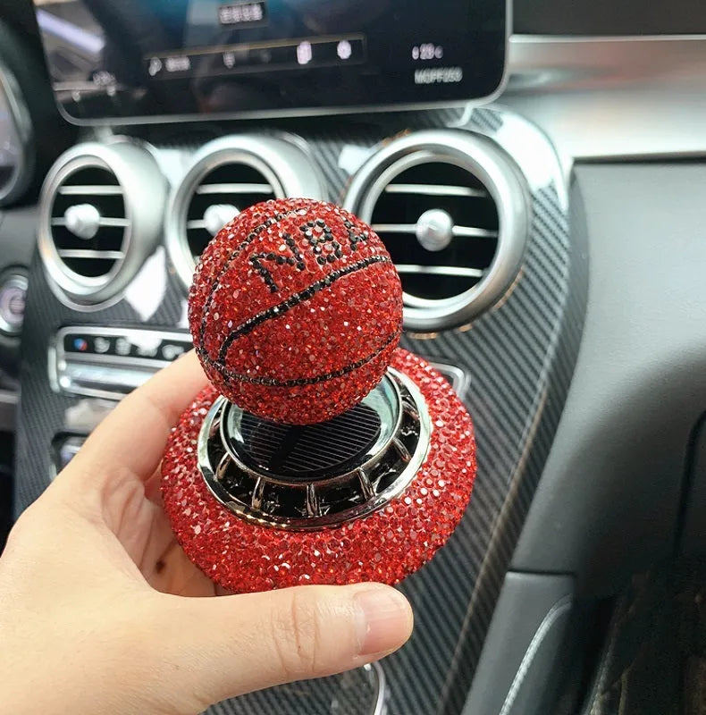 Solar car perfume ornament with rotating rhinestone basketball design, metal and ABS base, 8cm, red white blue options
