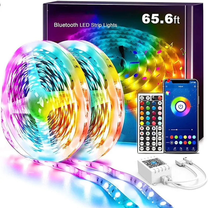 12V RGB LED light strip with Bluetooth remote on a white background.