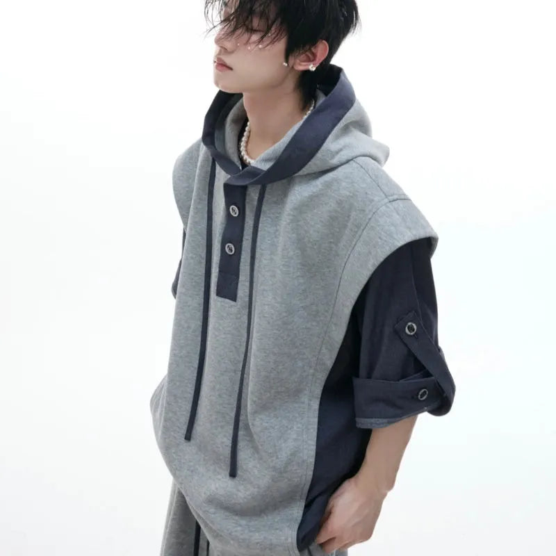 Men's black polyester hooded sports jacket with three-dimensional stitching and matching trousers