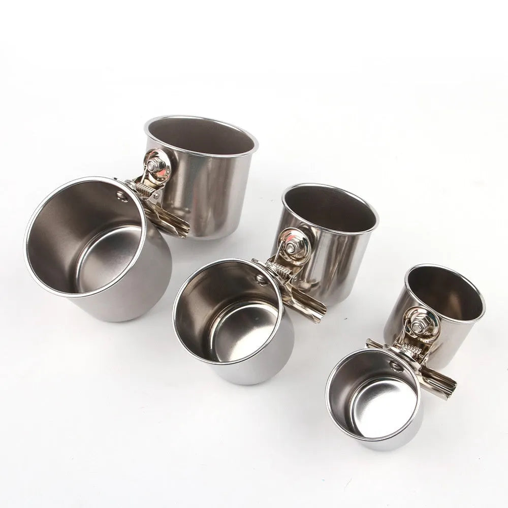 Stainless steel birdcage feeder in natural silver colour, shown in small, medium, and large sizes.