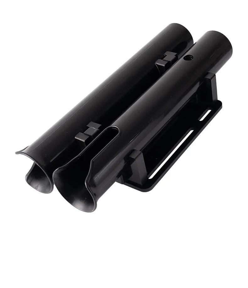 Double-layer plastic fishing rod rack with adjustable clamp mounted on bicycle frame