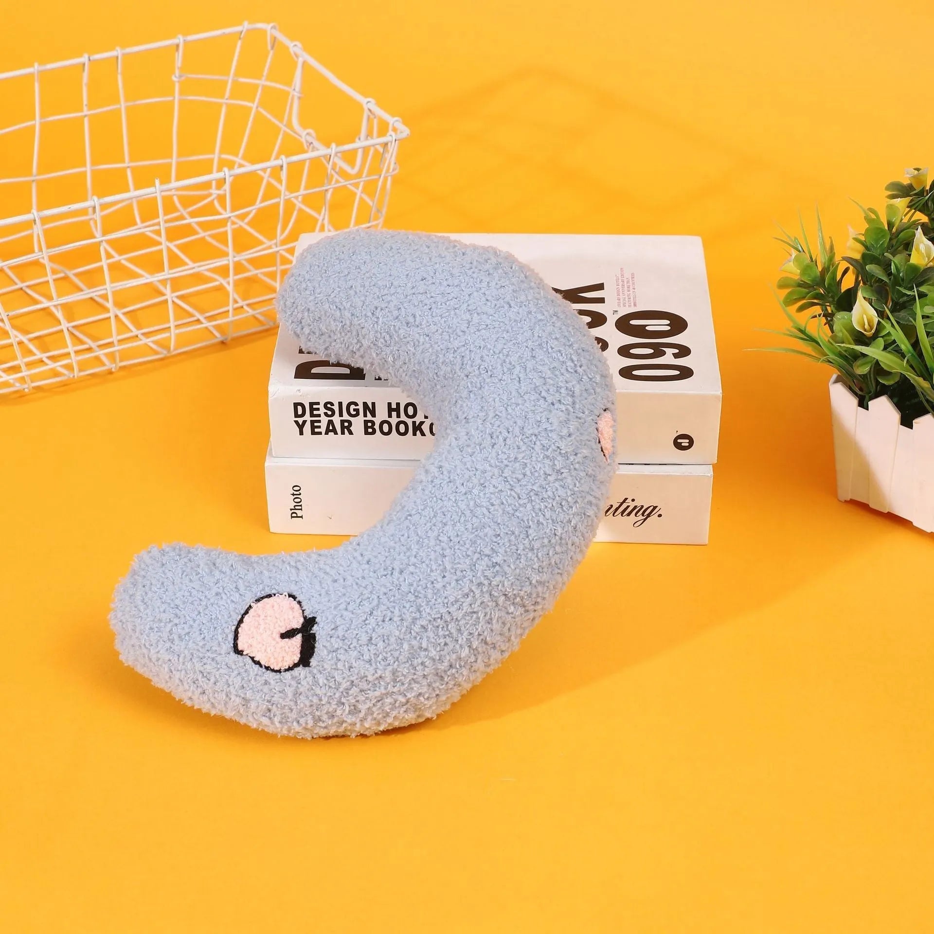 Half moon U-shaped cartoon pet pillow for dogs and cats in blue colour