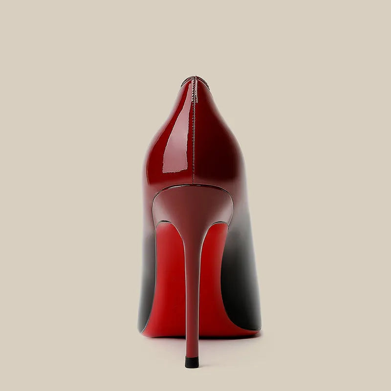 Patent leather black red gradient high heels with stiletto heel and pointed toe in super high heel style
