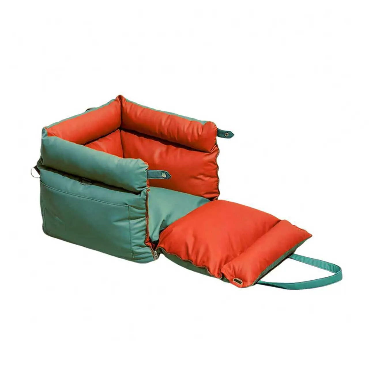 Green removable washable dog car nest with waterproof PU base, shown in a car boot