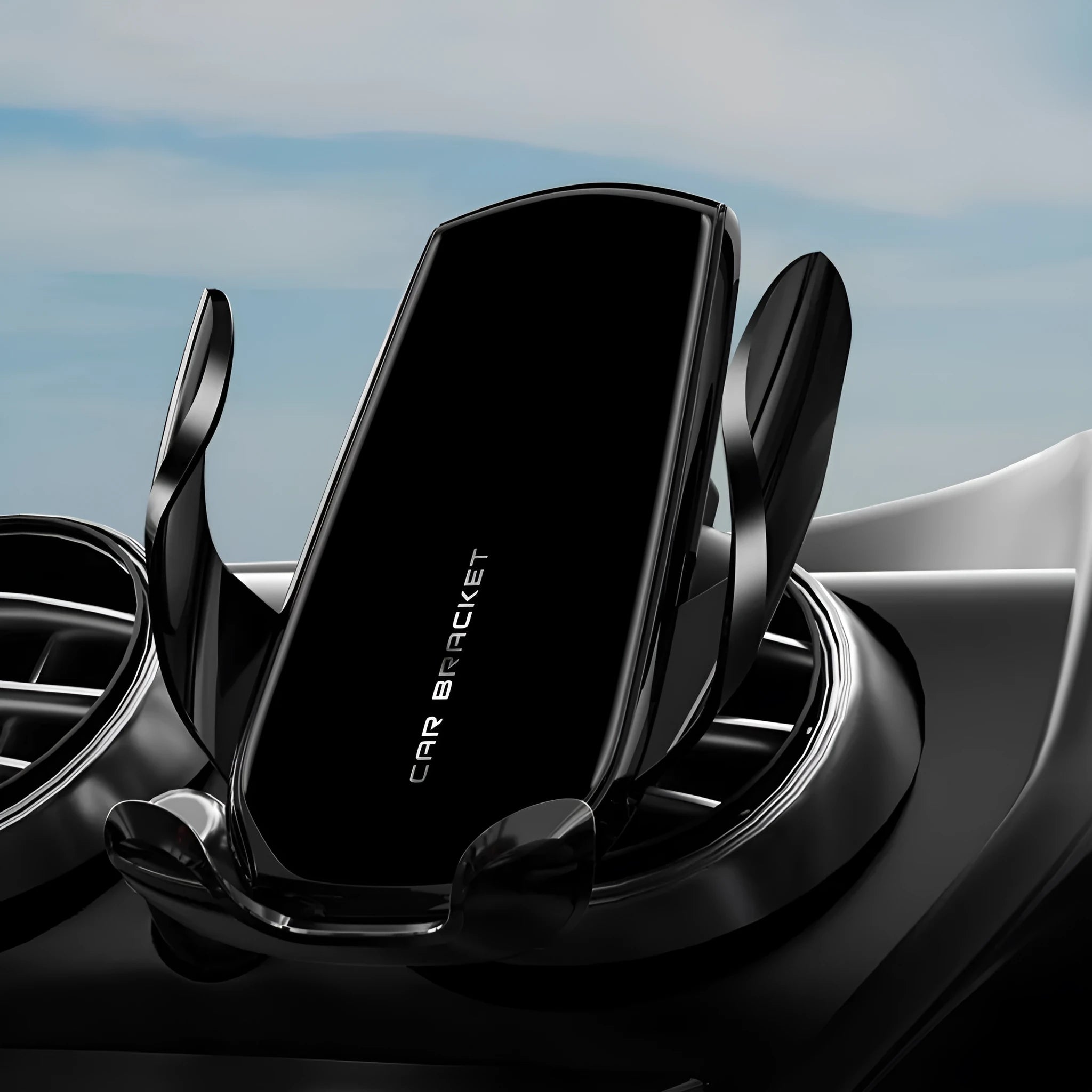 Car interior air outlet phone holder with wireless charging and electric clamping in black colour