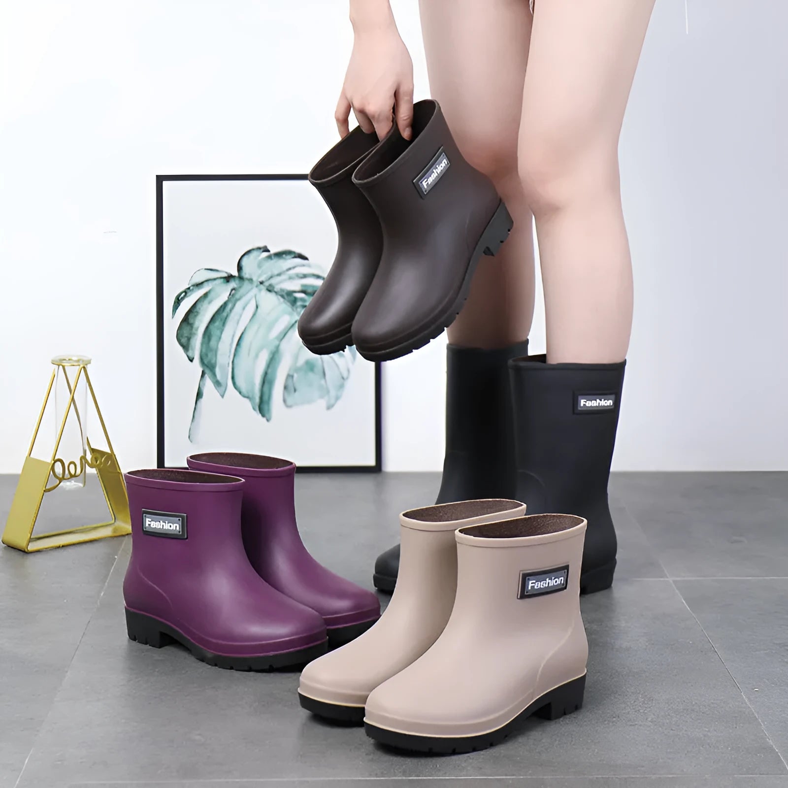 Women's mid-calf rain boots in PVC material with low heel for waterproof work wear