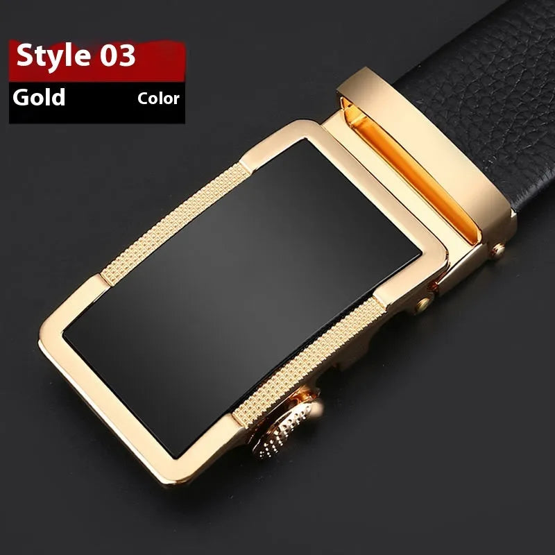 Men's leather belt with an automatic alloy buckle in gun black, silver, or gold colour.