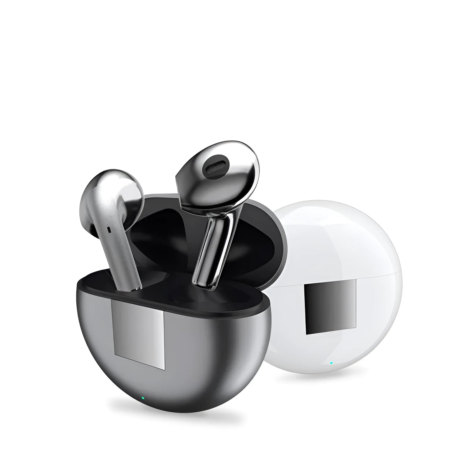 White Wireless Budz5 Bluetooth earbuds placed inside their matching charging case on a table.