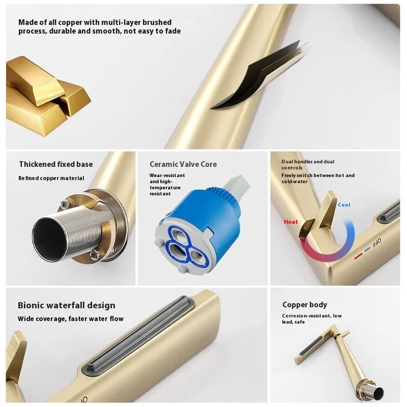 Copper hot and cold mixing faucet for bathroom washbasin in four finishes