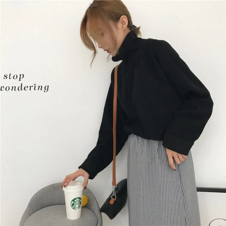 Women's solid colour half-high collar long sleeve loose fit top in white, apricot, or black