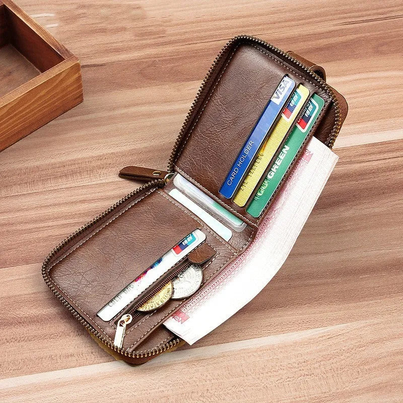 Men's short style two-fold PU wallet in black, deep brown, and shallow coffee colours.