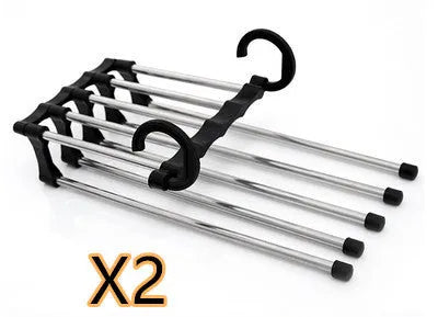 Black stainless steel wardrobe hanger with five booms for trousers organisation