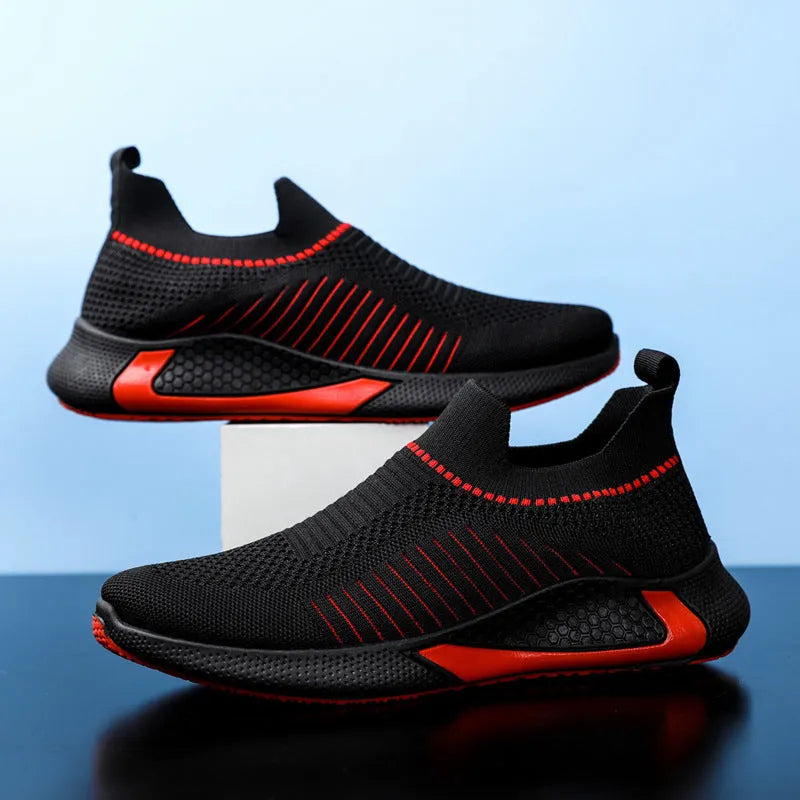Men's striped mesh sock shoes with Flyknit upper and lace-up closure in black, white and black-white options
