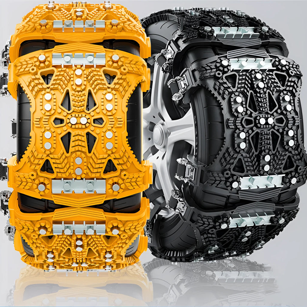Universal armoured steel tyre chain set for cars and SUVs with installation tools in black or yellow.