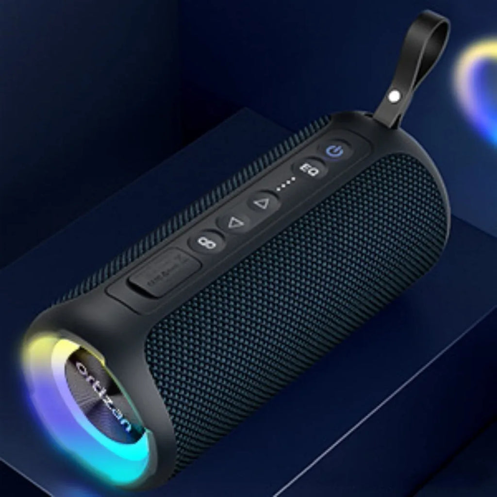 Black and blue fabric wireless Bluetooth speaker with lighting effects and card slot