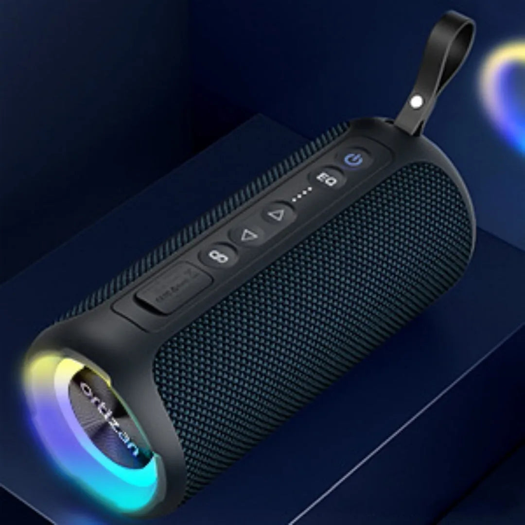 Black and blue fabric wireless Bluetooth speaker with lighting effects and card slot