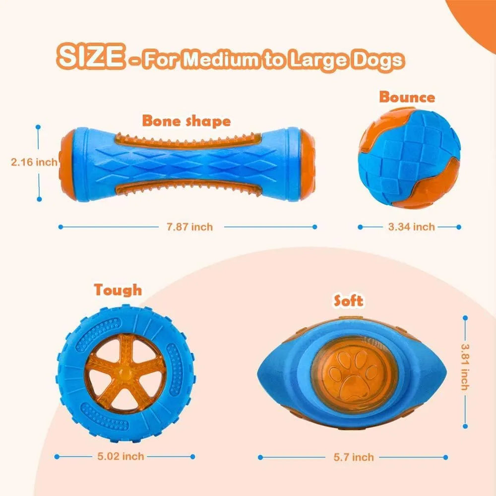 Set of three TPR dog toys: a red ball, a blue barbell, and an orange tire, floating in water.