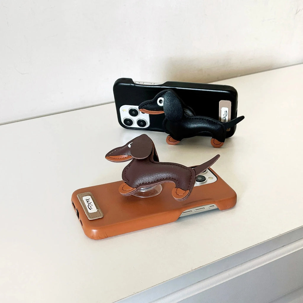 Sausage dog bracket phone case with imitation leather finish in black shell, compatible with iPhone models