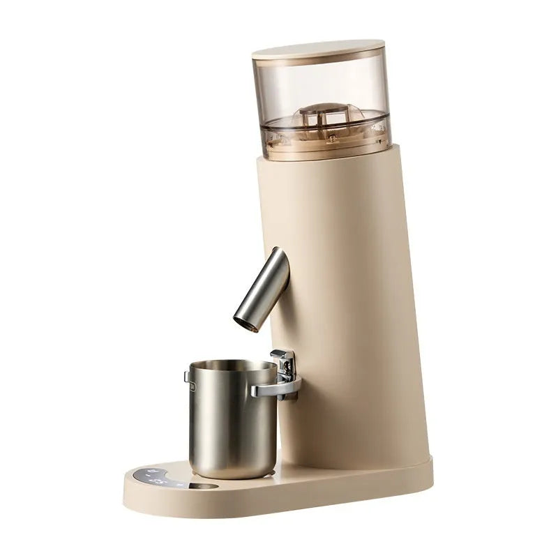 Portable automatic electric coffee grinder in stainless steel, showing style options in beige or black.