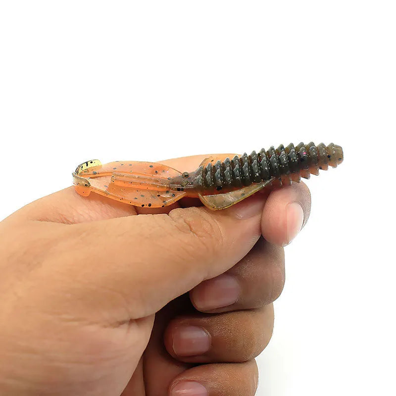 PVC fishing soft bait lure showing two size options: 8cm and 12cm versions in multiple colour patterns