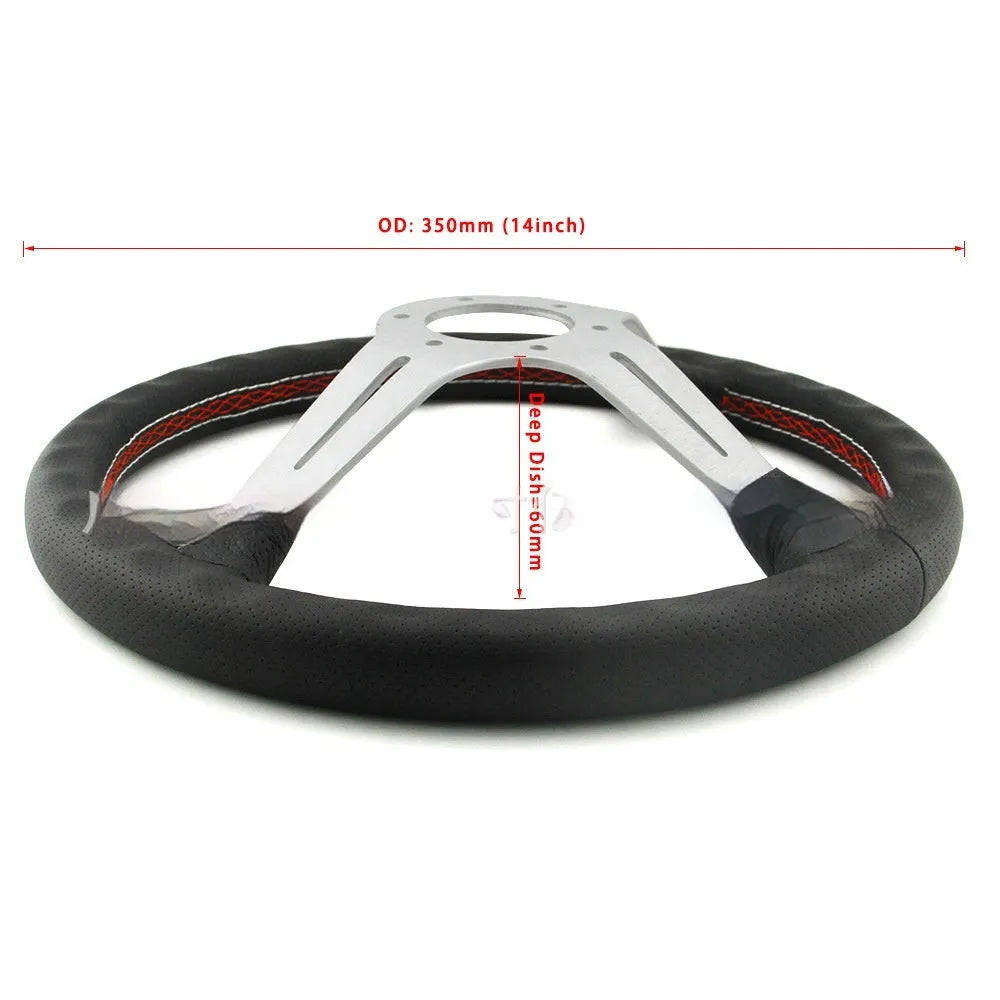 Leather 14-inch steering wheel with a concave rim profile and three-spoke design on a black background.