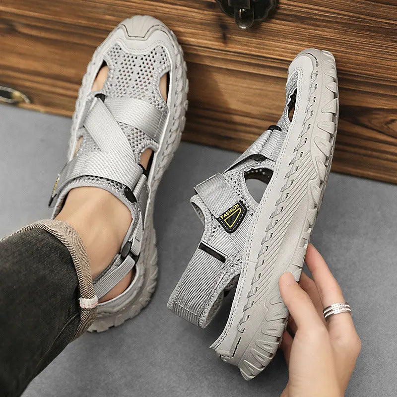 Men's casual leather sandals with mesh lining in grey, wheat, or milk tea colour on a rubber sole