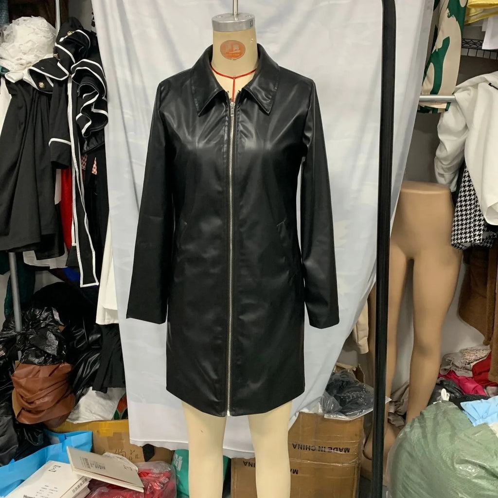 Women's black leather jacket with medium 65cm length and long sleeves