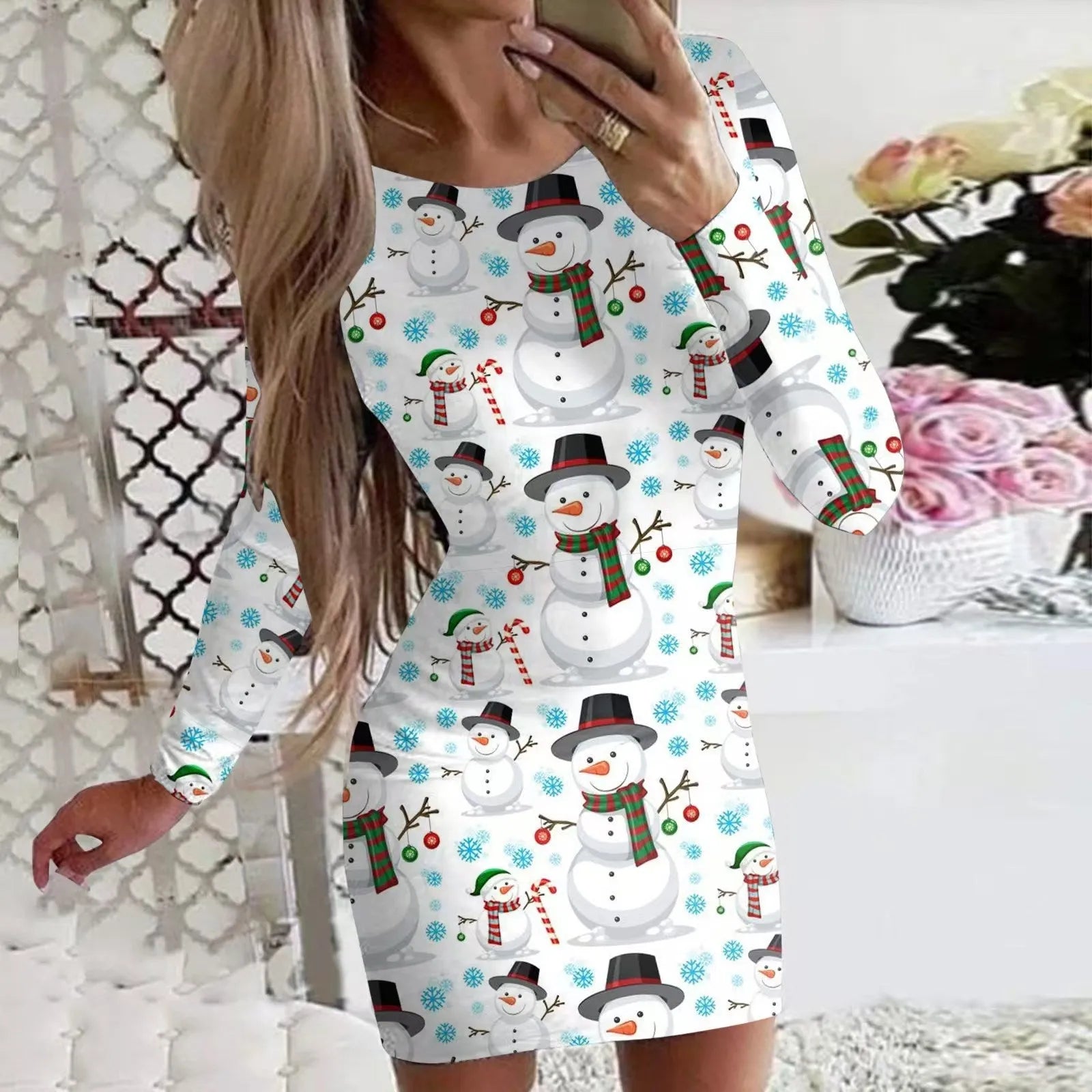 Christmas printed narrow dress with animal pattern design and round neckline