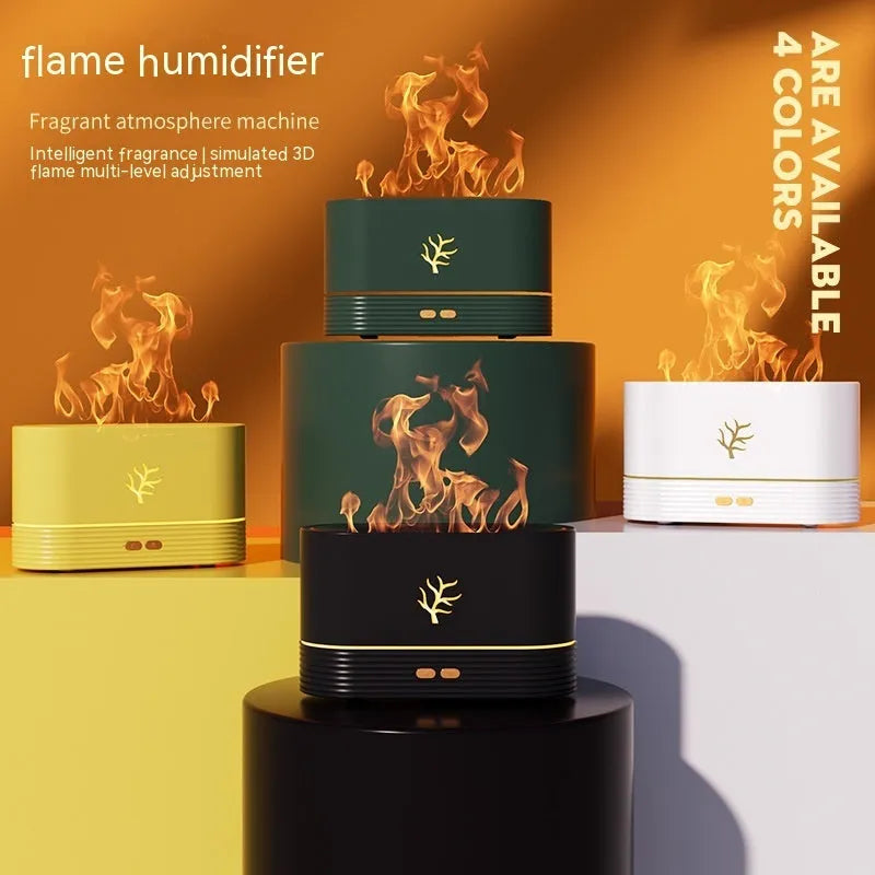 Square white USB aroma diffuser with flame effect LED lighting and humidifier function