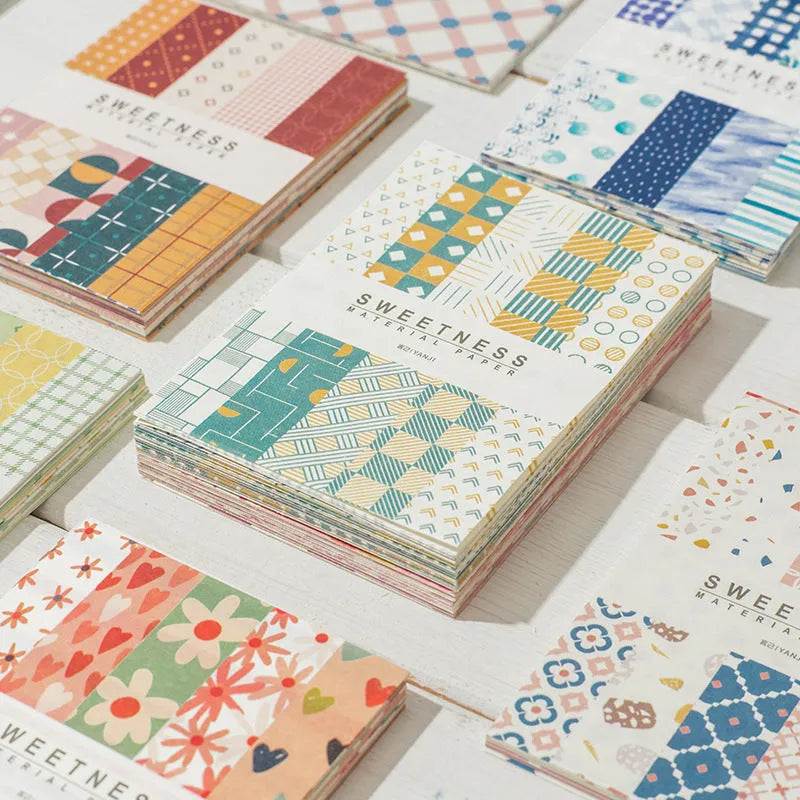 Pack of 50 retro collage note papers in ten dessert colours, each sheet sized 56mm by 83mm.