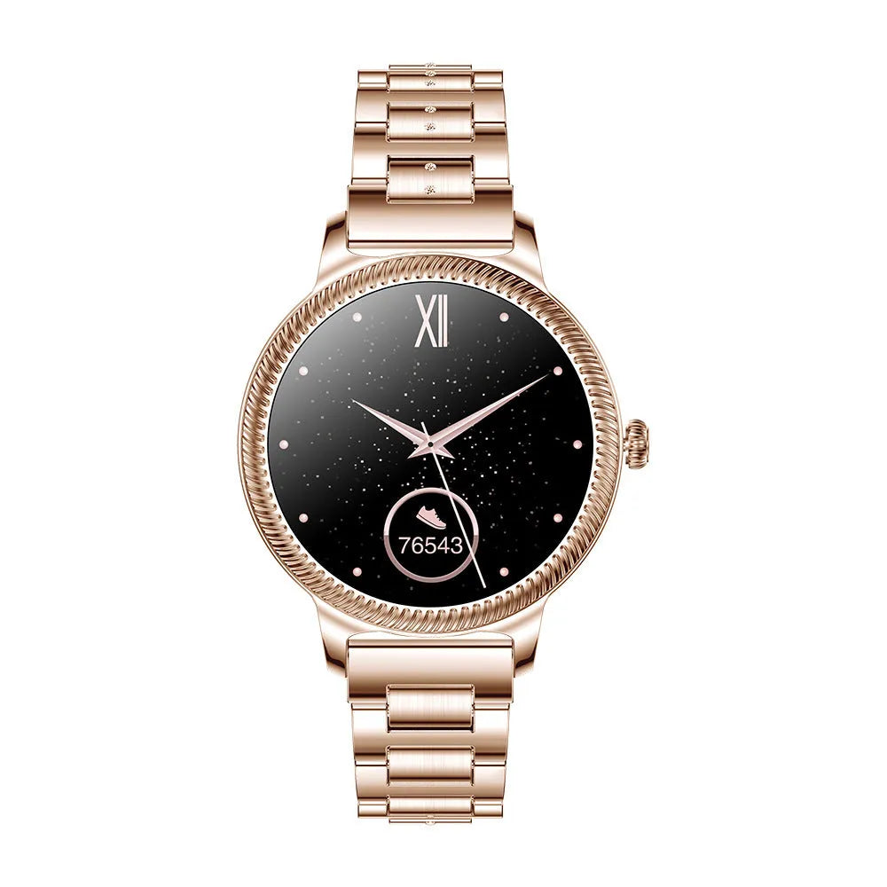 AK38 ladies smartwatch with stainless steel band and 1.09 inch colour screen.