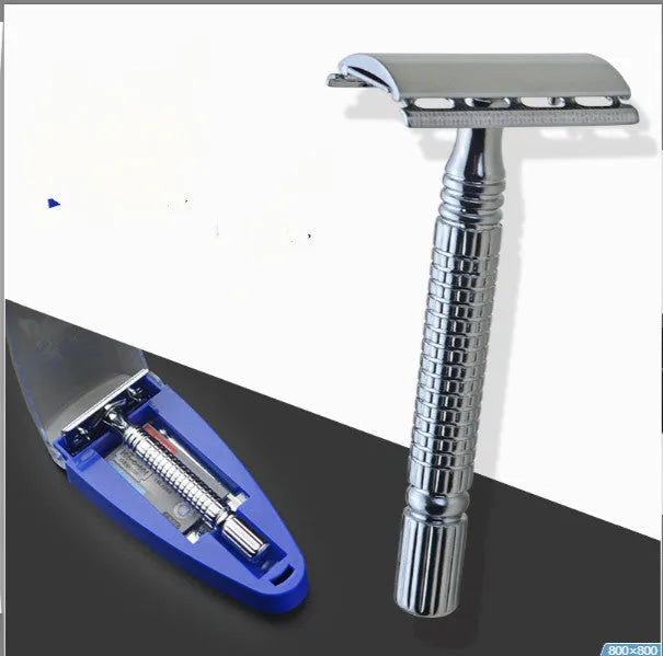 Chrome-plated brass double edged safety razor with knurled handle patterning