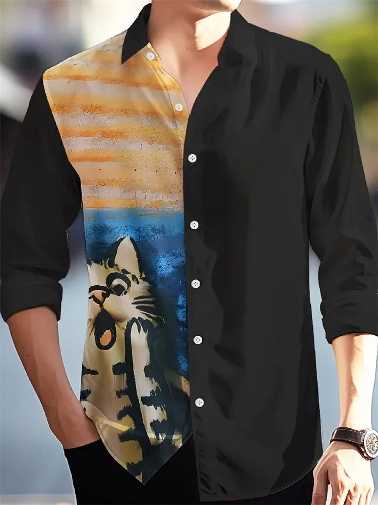 Man wearing a loose-fit Hawaiian shirt with floral pattern, long sleeves, and a cardigan style.