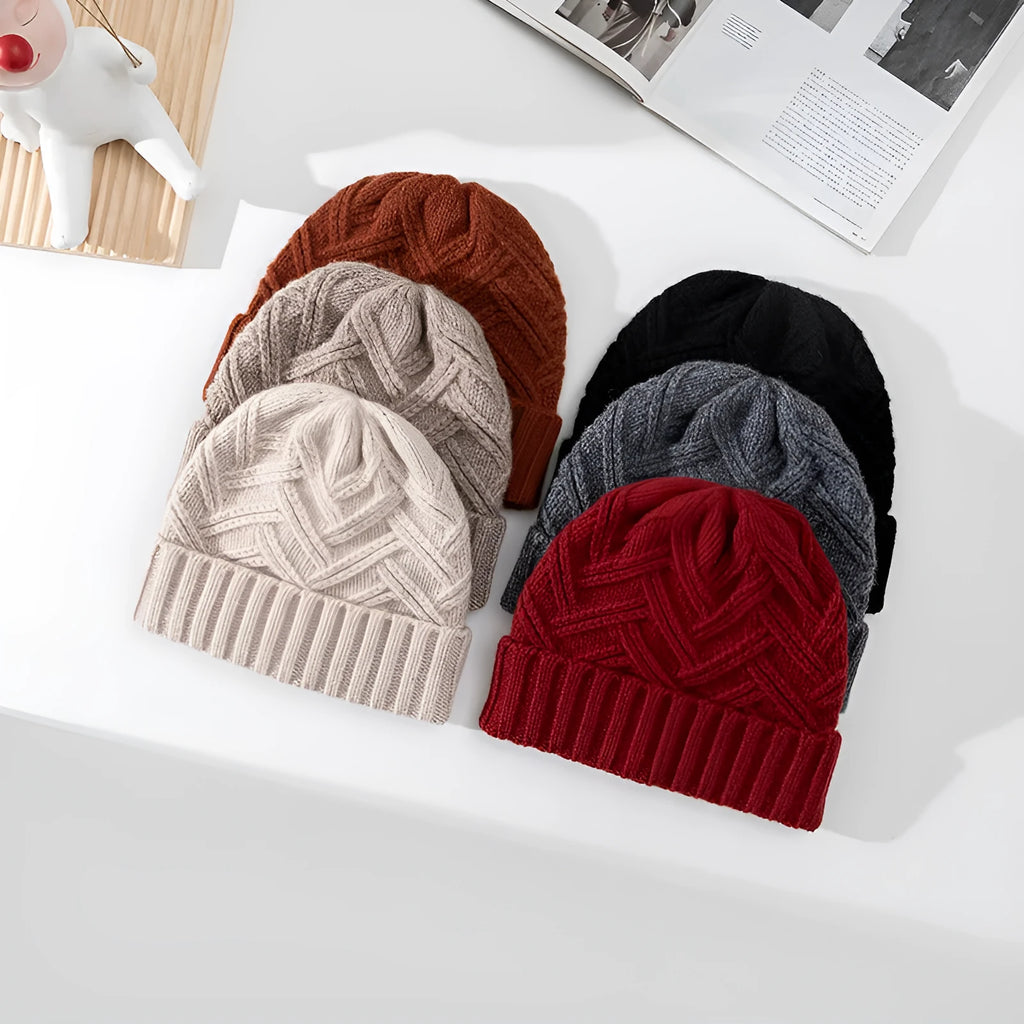 Wool knitted women's winter hat with dome crown and totem pattern in ankela red colour